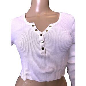 NWT 2Bella Cropped Ribbed White Henley Long-Sleeve Top With Gold Buttons Size La